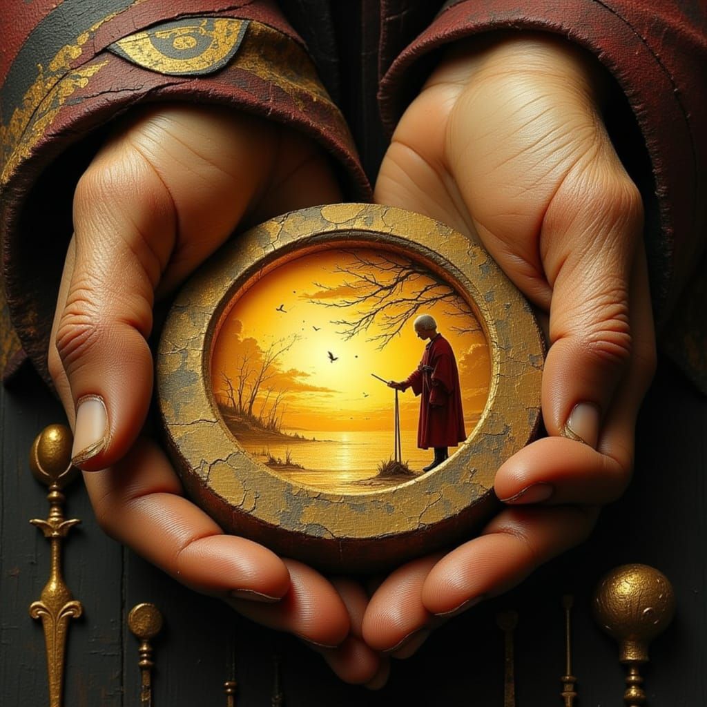 Surreal Hands Cradle Glowing Canvas in Painterly Style