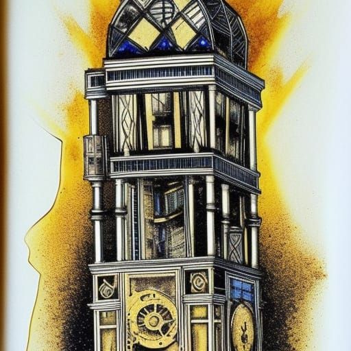 Steampunk Tower Blueprint with Golden Drippings
