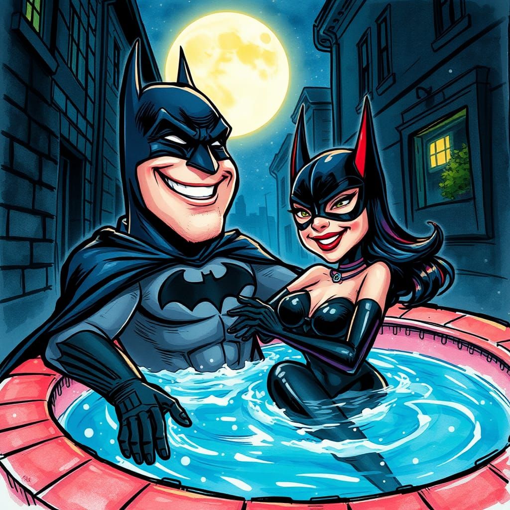 Superheroes in Jacuzzi: Vibrant Line and Wash Caricature