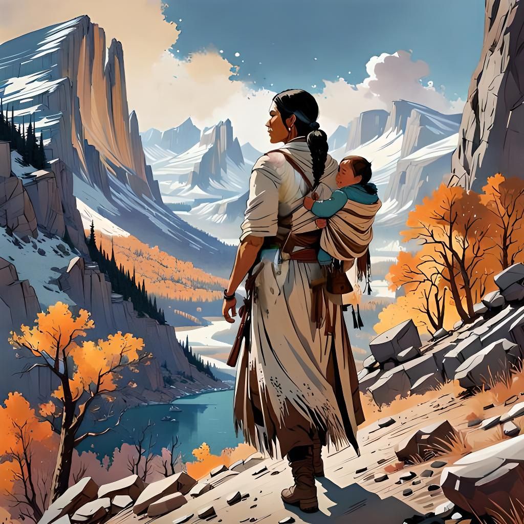 Sacagawea Hiking Rocky Mountains: Detailed Art