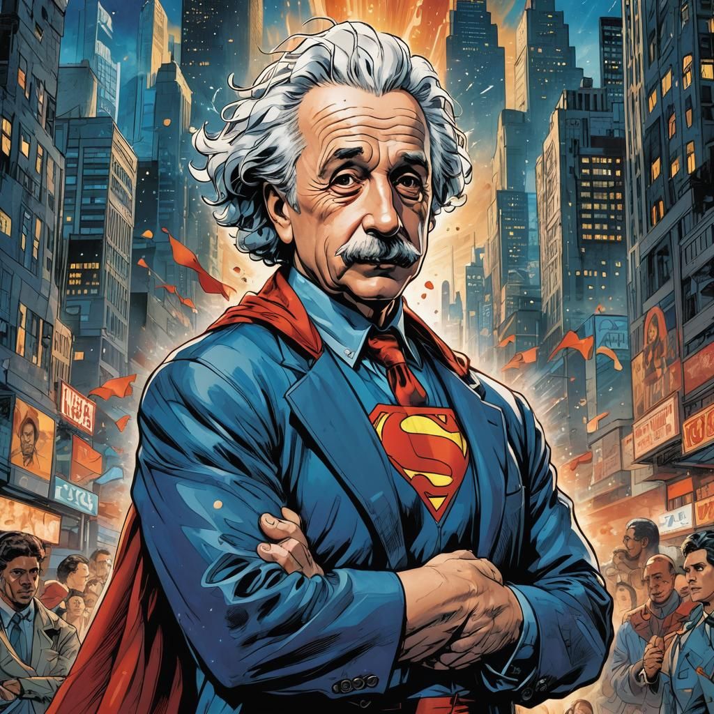 Einstein as Superman in Metropolis Comic Art