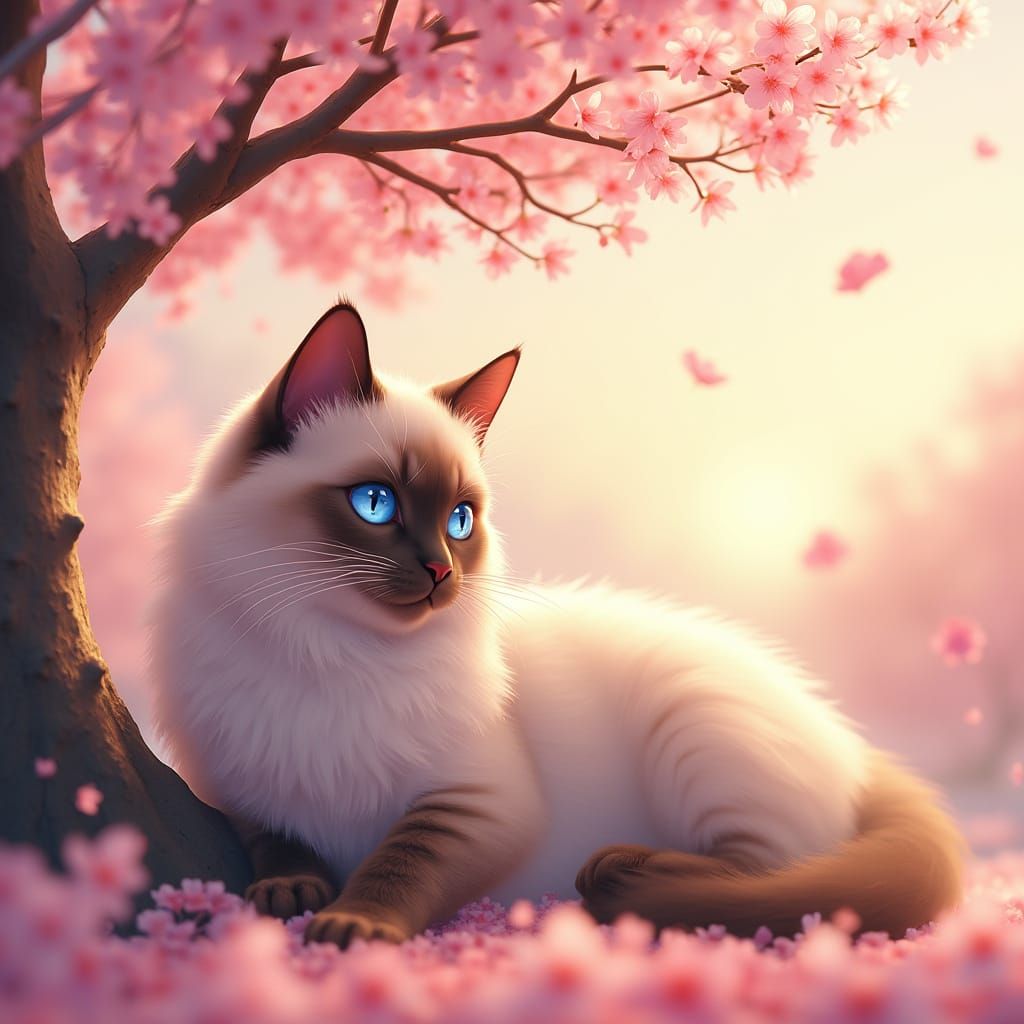 Serenely Resting Siamese Cat Under Blossoming Cherry Tree