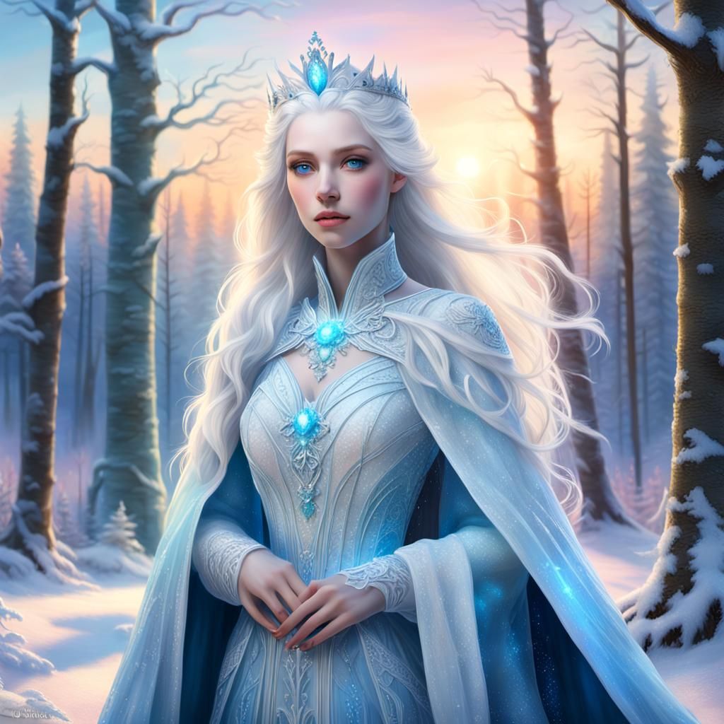 Enchanting Ice Queen in Frozen Forest, Digital Art