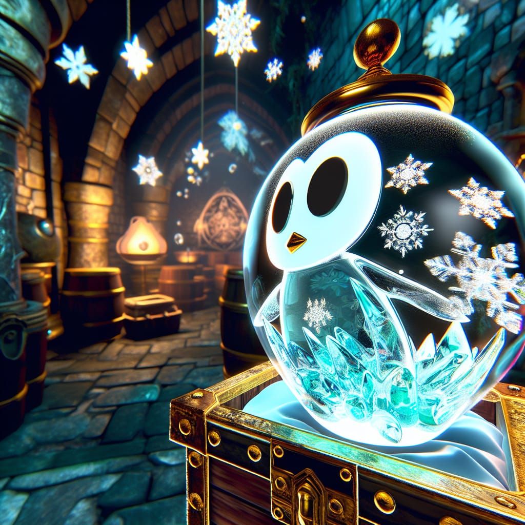 Chibi Glass Penguin in a Fantasy Treasure Room