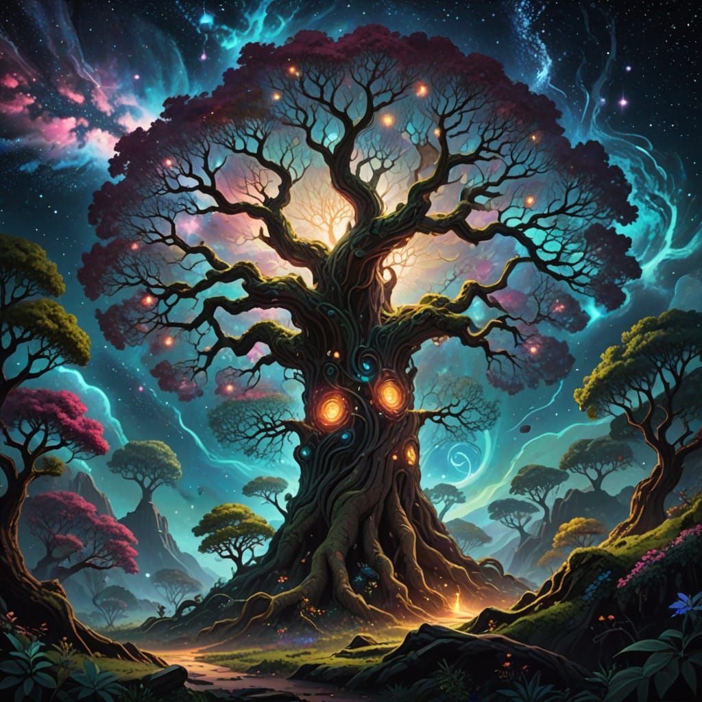 Ancient Cosmic Tree With Stardust Canopy and Nebula Roots