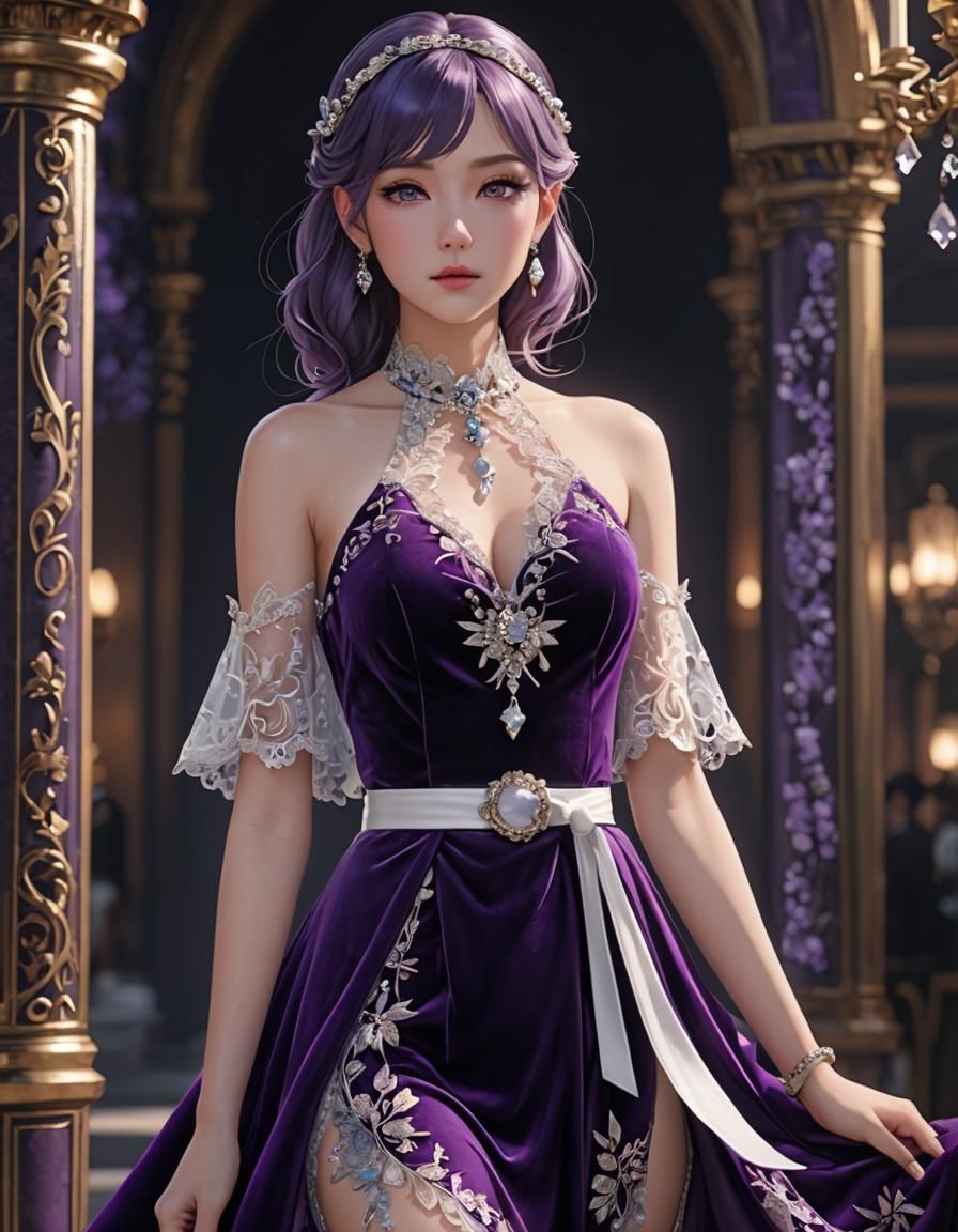 Velvet and Lace Dress in Anime Style