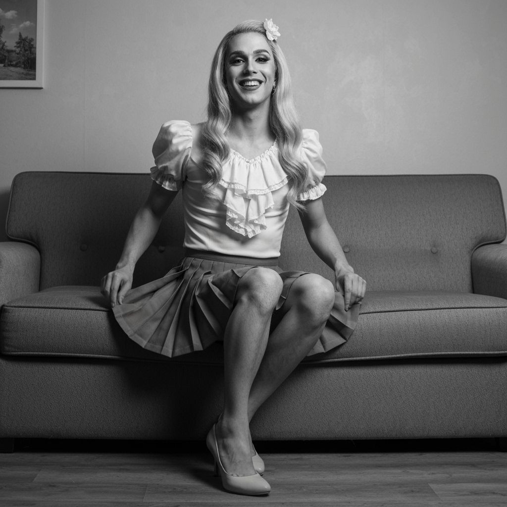 Blonde Crossdresser Poses Seductively in Vintage Room
