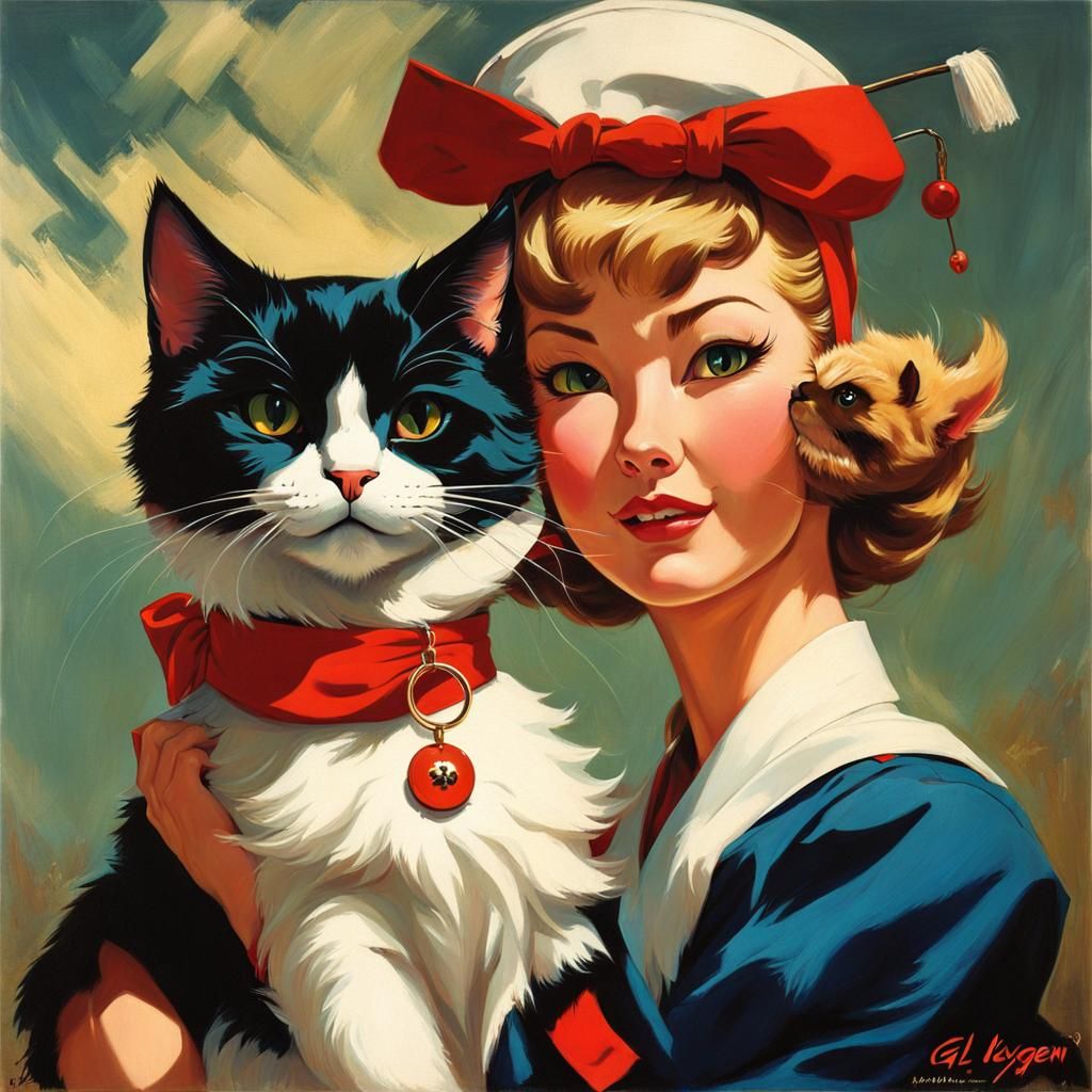 Gil Elvgren style cat, oil painting, expressive emotion, Lou Xaz by artist "anime", Anime Key Visual, Japanese Manga, Pi...