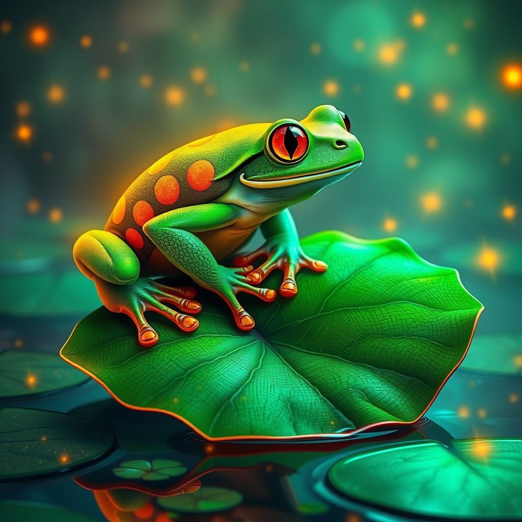 Glowing Neon Frog in Surreal Bioluminescent Pond