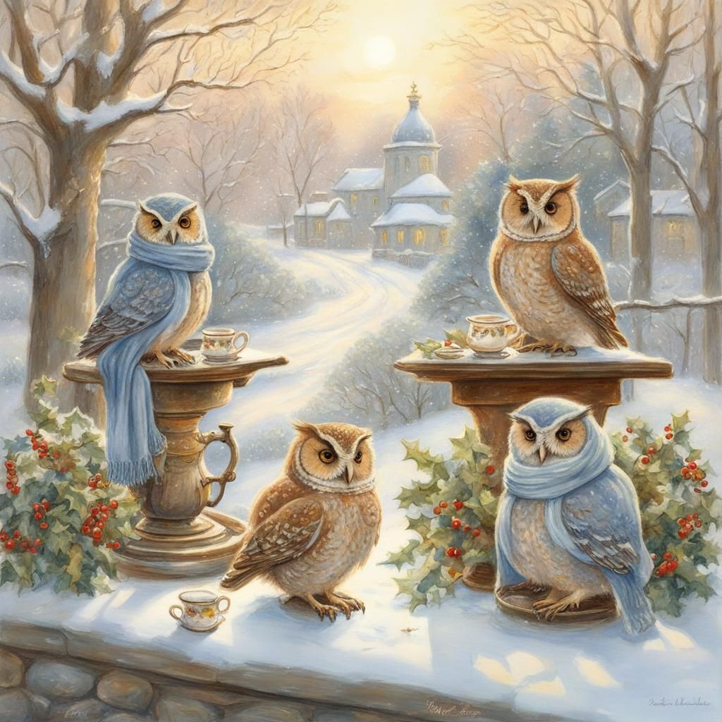 Owls' Winter Tea Party in Pastel Colors