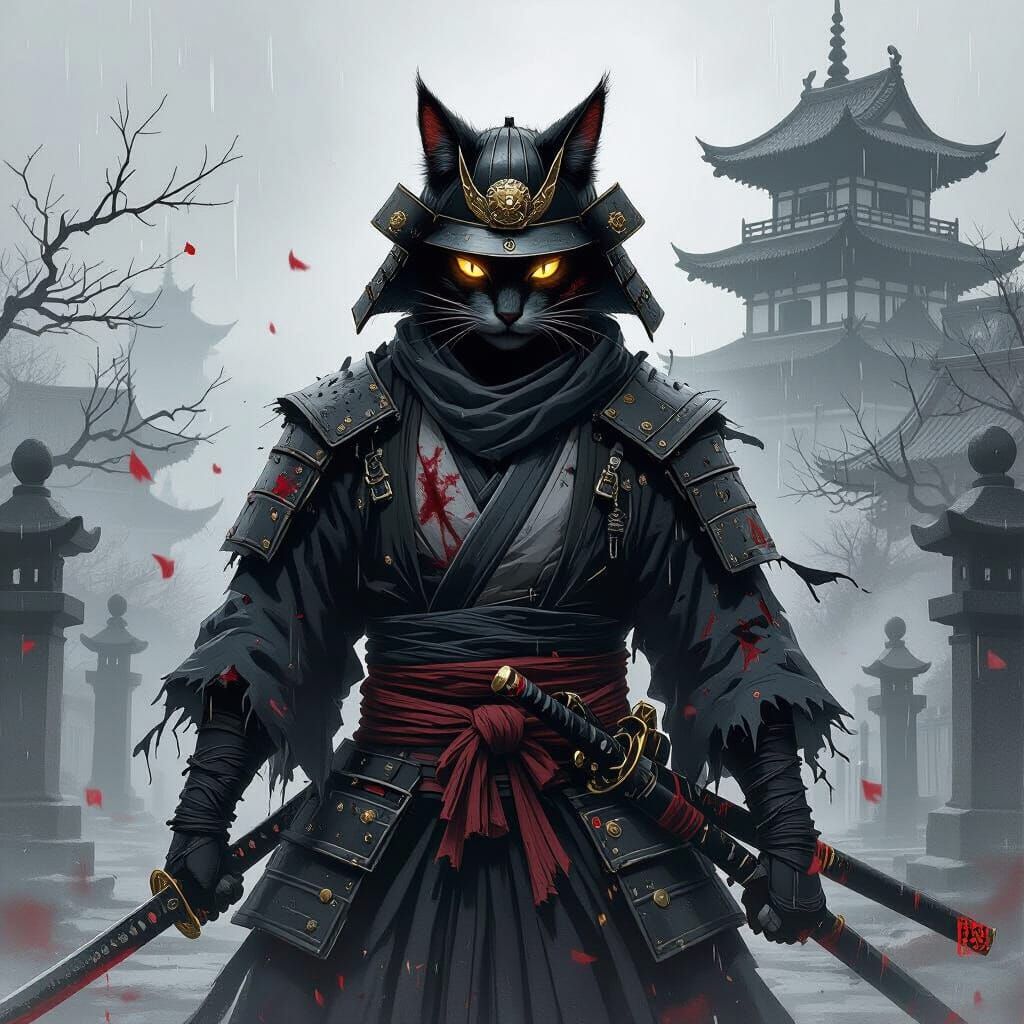 Dark Fantasy Samurai Tabaxi in Gothic Cemetery