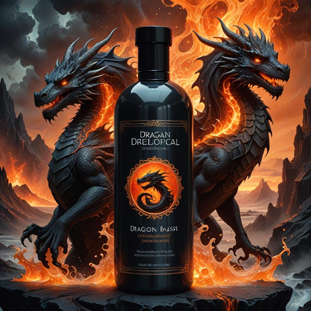 Fantasy painting. Medium shot of a bottle of shampoo labeled "Dragon's Breath: Volcanic Ash Shampoo". The bottle is made...