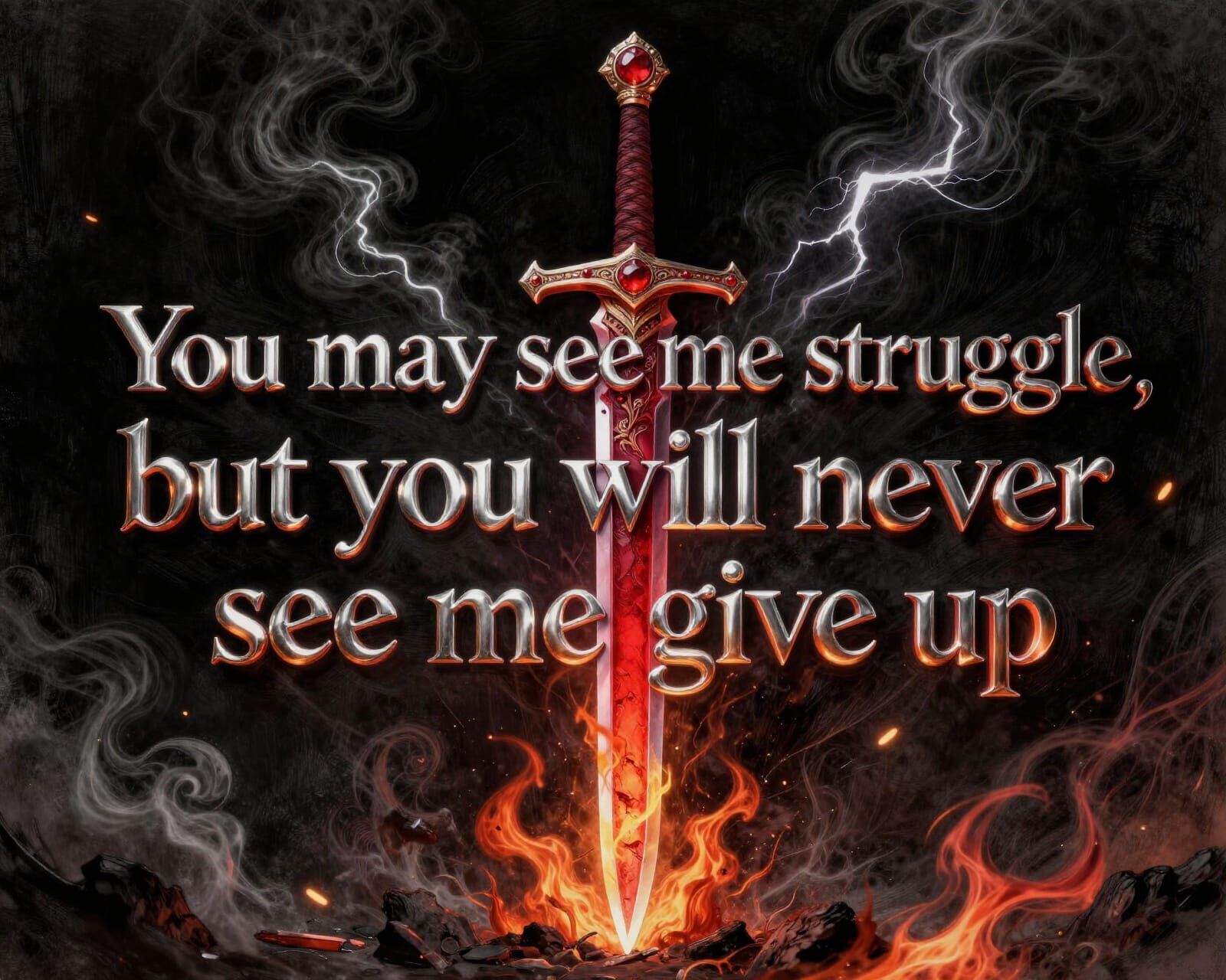 Flame Chrome Text: Never Give Up Against Epic Fantasy Backdr...