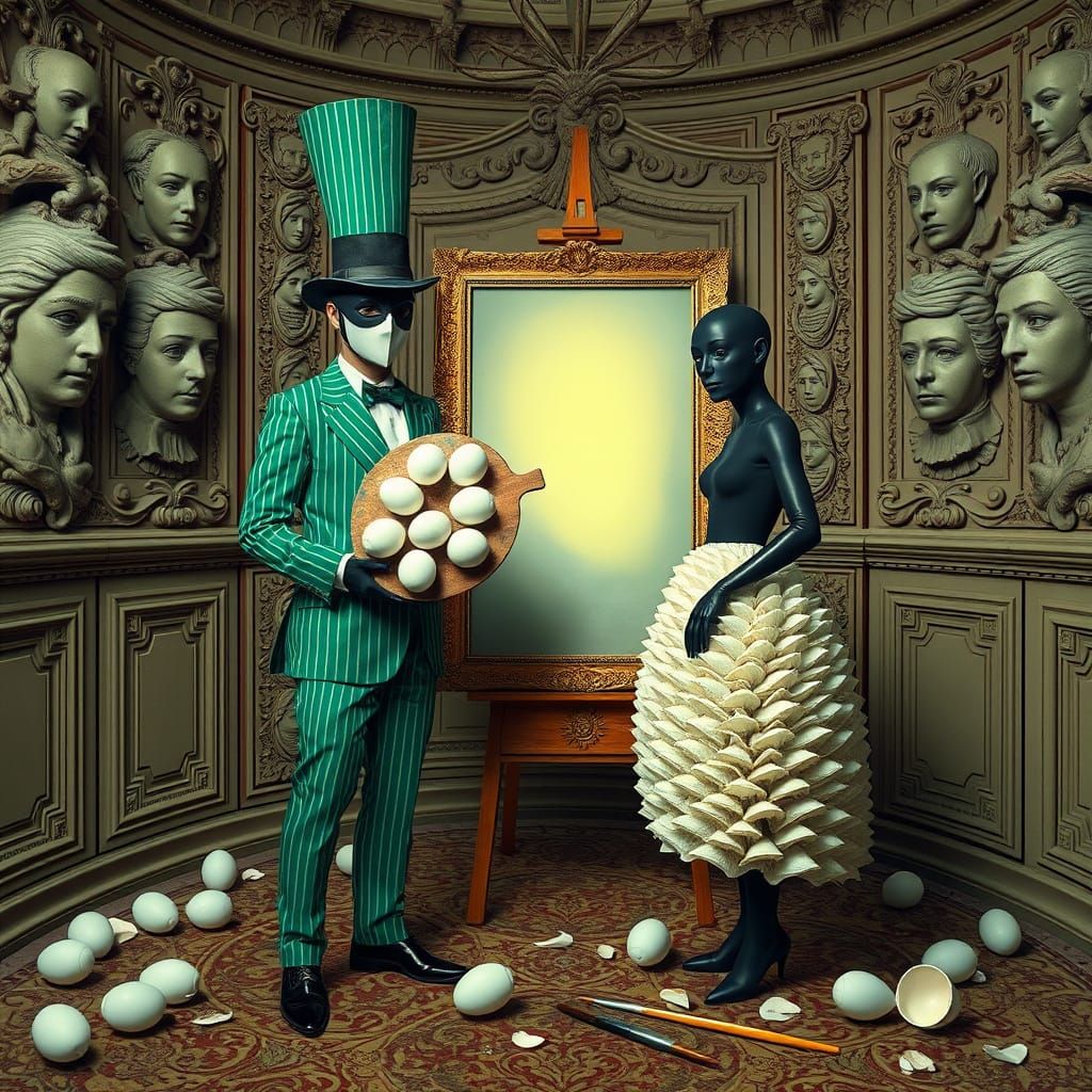 Surreal Duo in Ornate Room, Hyper-Realistic Detail