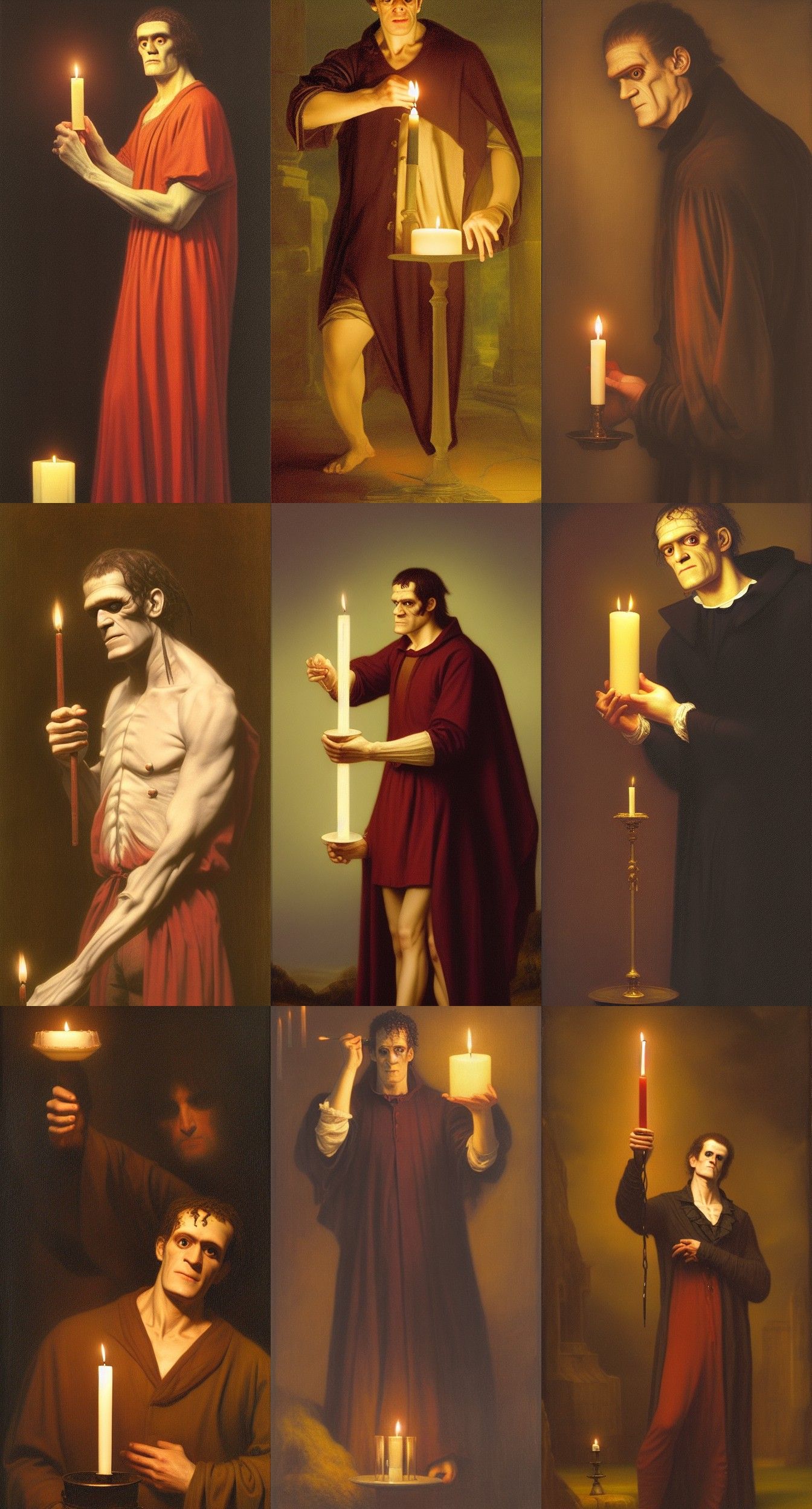 Frankenstein holding a candle painted by Edmund Blair Leighton, pre raphaelite painting style,4K,aureal proportion