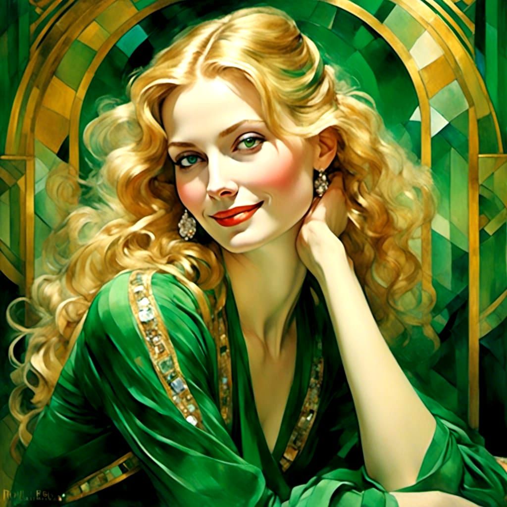 Art Deco Blonde Woman with Golden Hair and Green Eyes