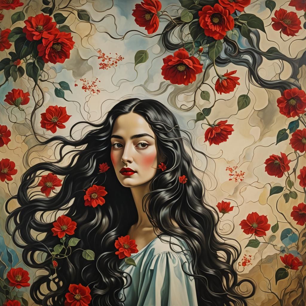 Surreal Woman with Flowered Background, Dali Style