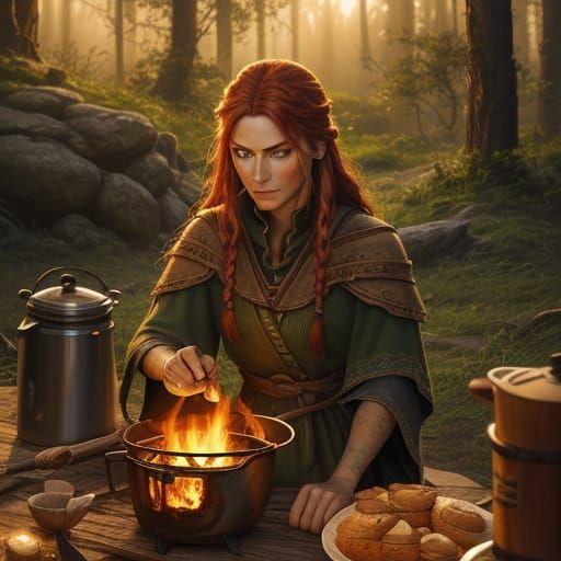 Western Woman Stirring Soup by Campfire