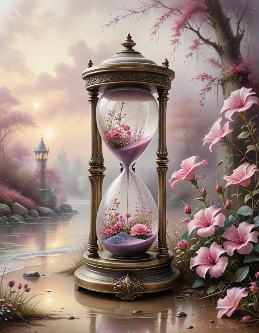 Antique Hourglass with Pink Flowers in Watercolour