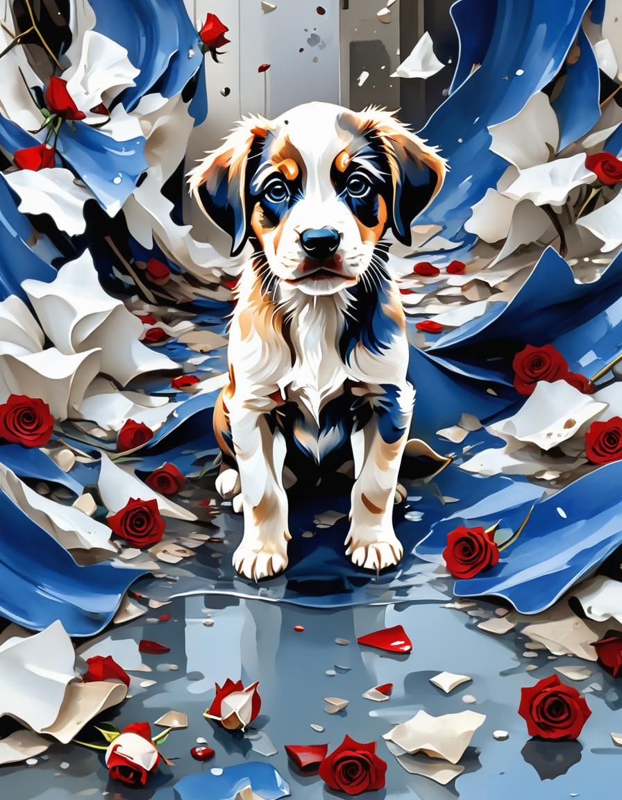Puppy with Broken Vase in Watercolor Style