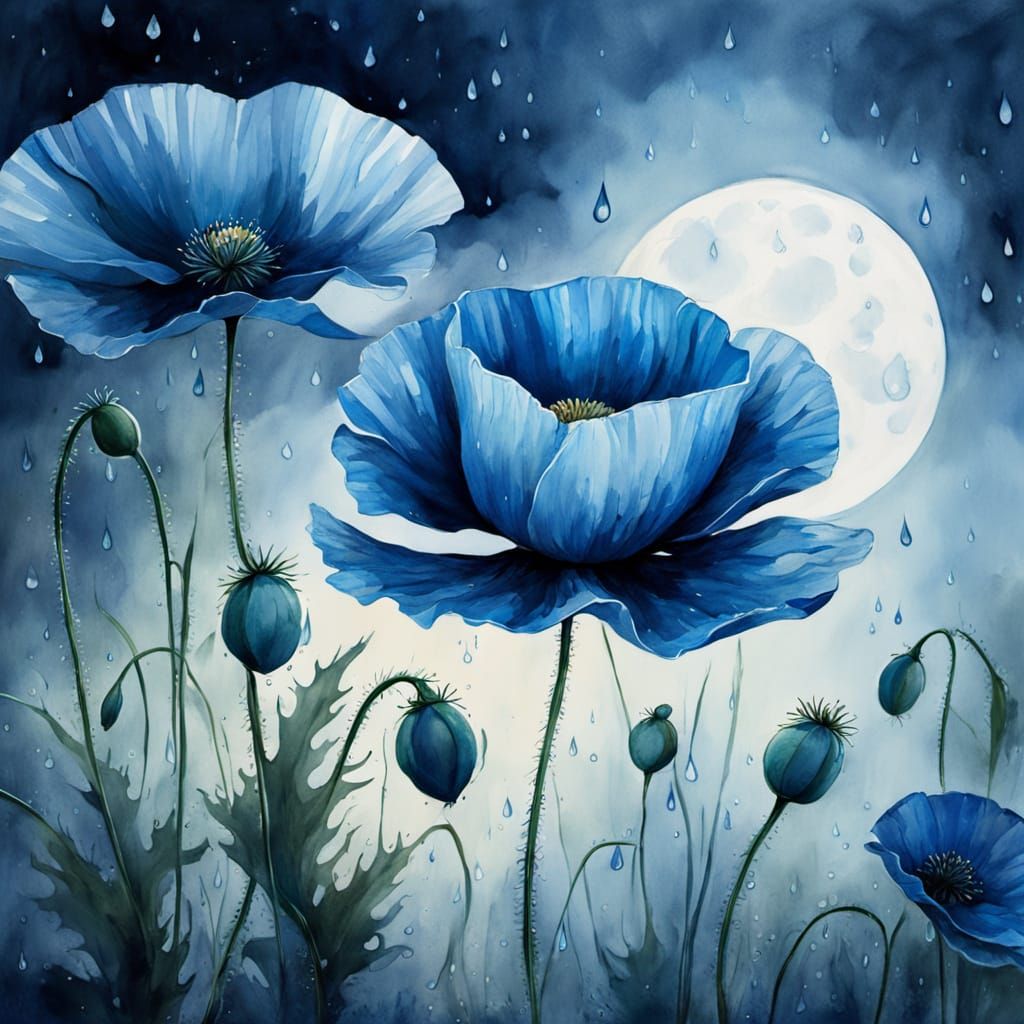 Ethereal Blue Poppy in Moonlight Watercolor
