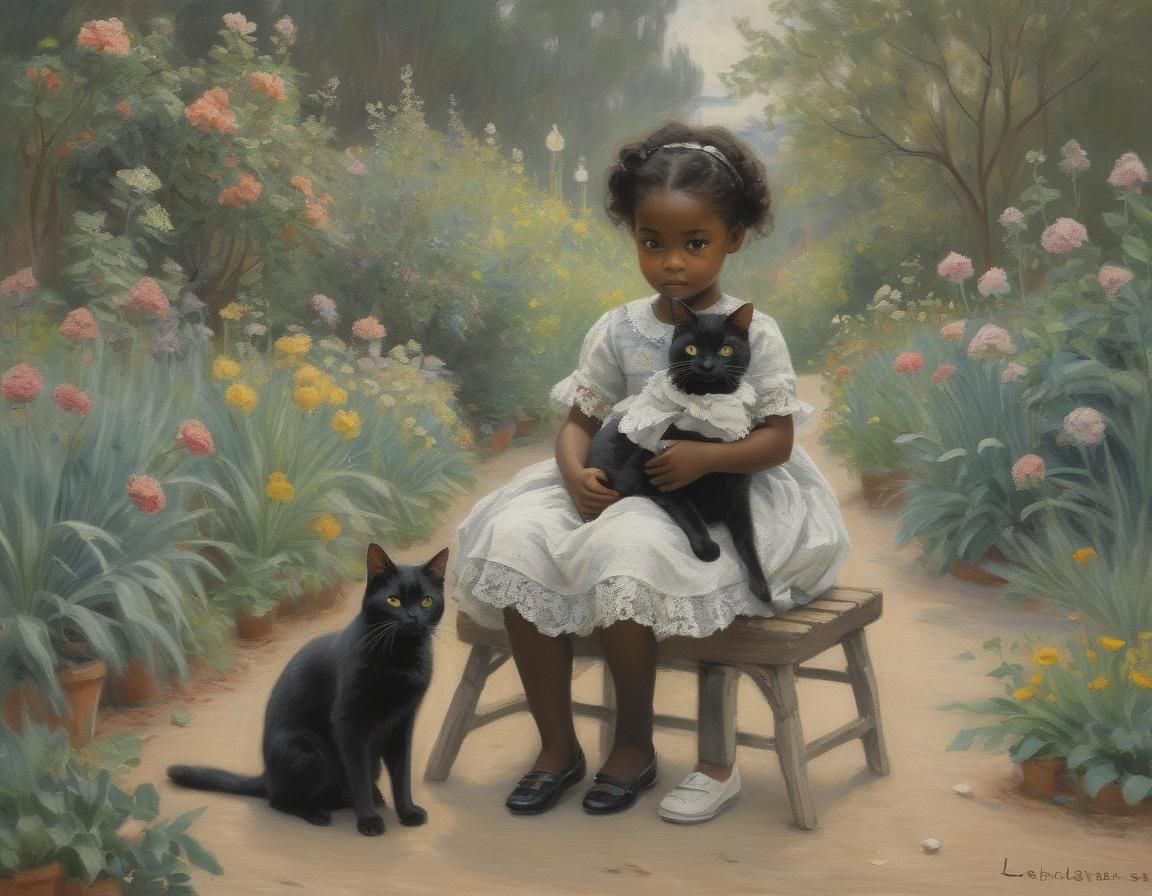 Black Cat and Toddler in Impressionist Style