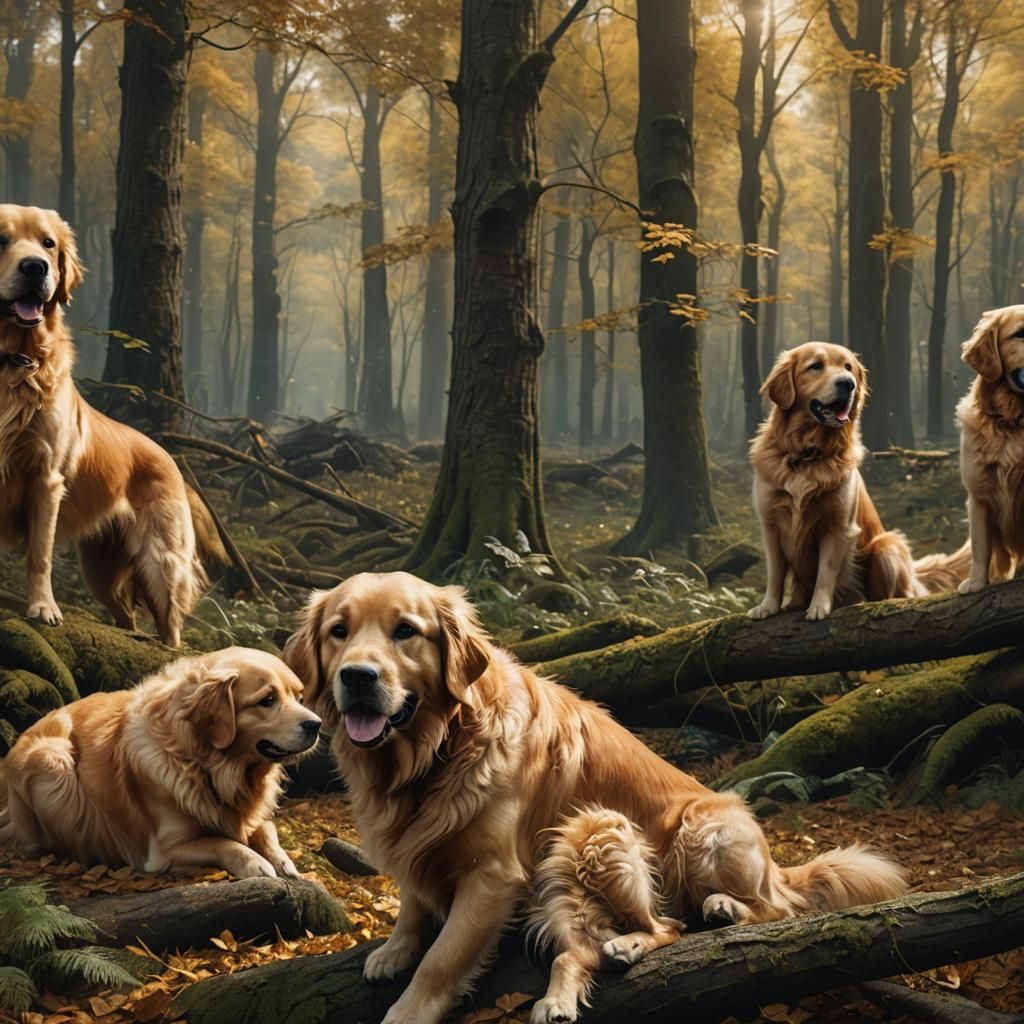Golden Retrievers in Fantastical Forest Concept Art