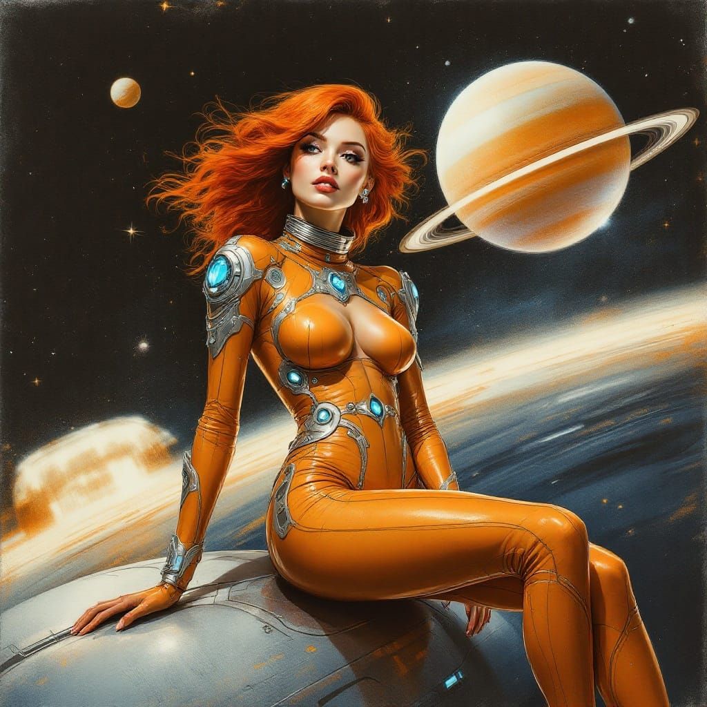 Retro-Futuristic Spacewoman Ascends into Cosmic Depths