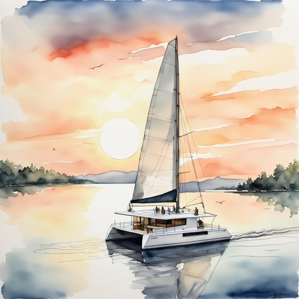 Tri-hulled Catamaran at Sunset in Watercolor and Ink