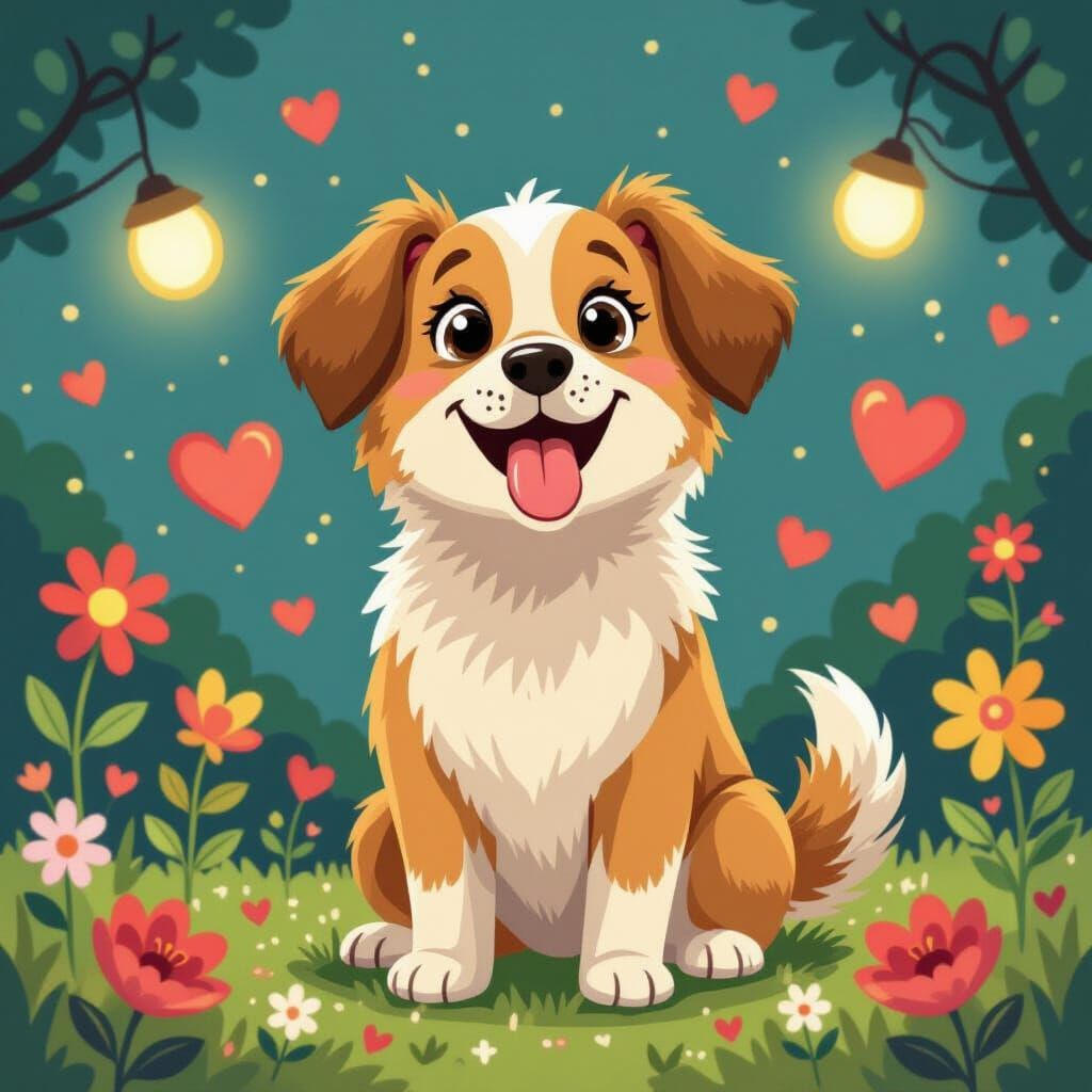 Happy Dog in Storybook Style with Hearts