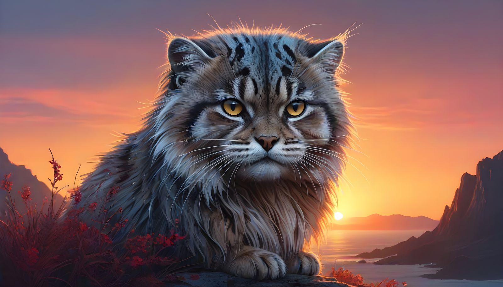 Ethereal Pallas Cat in Vibrant Sunset Landscape