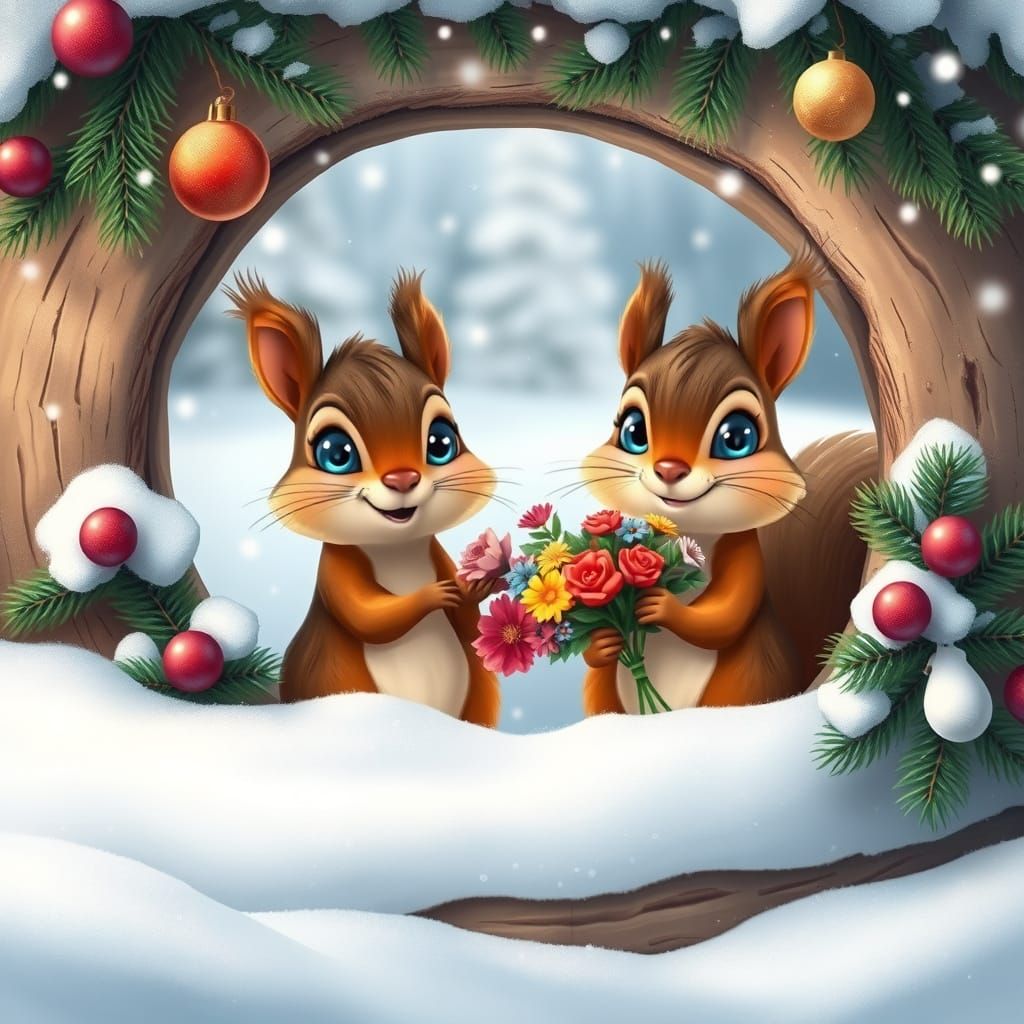 Cheerful Squirrels in Snowy Hollow, Cartoon Style