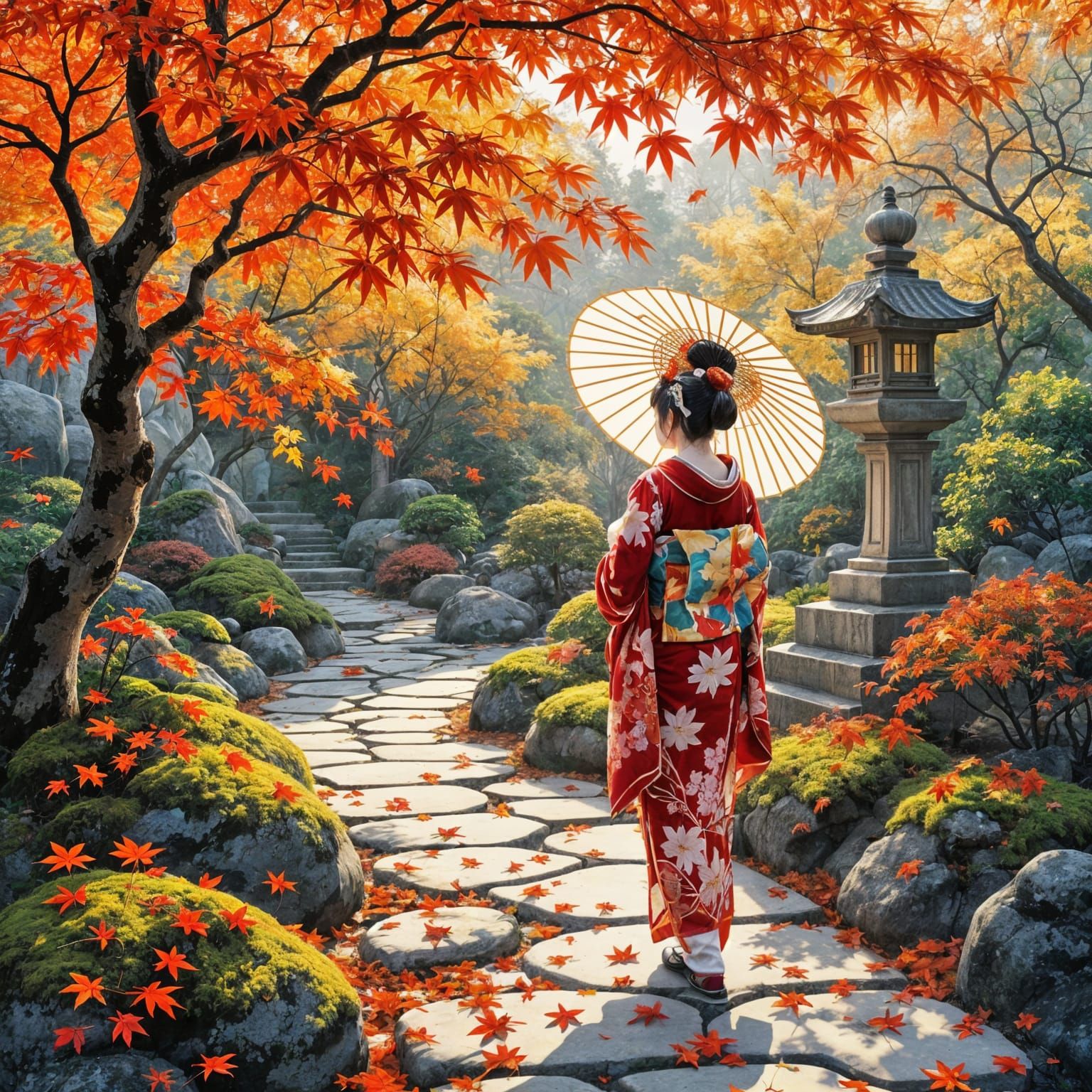 Serene Japanese Garden in Autumn with Geisha