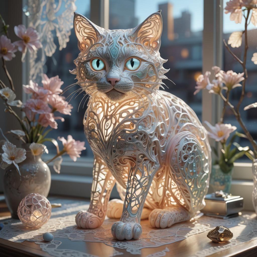 Luminous Techno-Lace Cat Sculpture in Art Nouveau Style