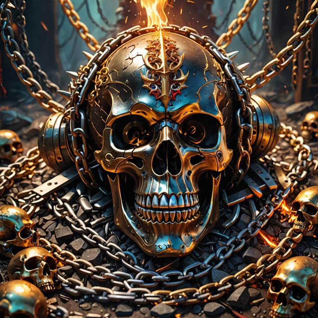 Fearsome Skull Surrounded by Blades and Chains