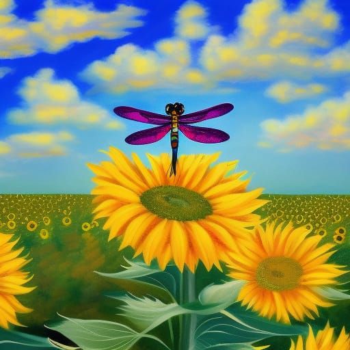 Dragonfly Over Sunflowers in Gouache Style