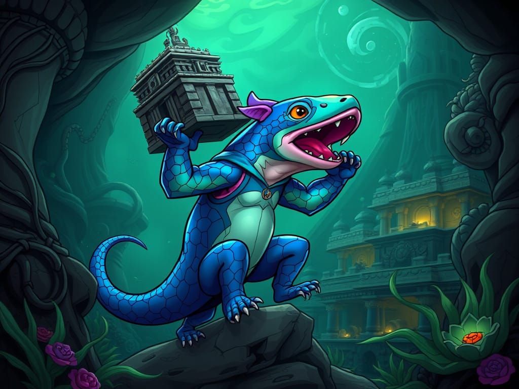 Vibrant Super Axolotl Lifts Ancient Temple in a Dynamic Comi...