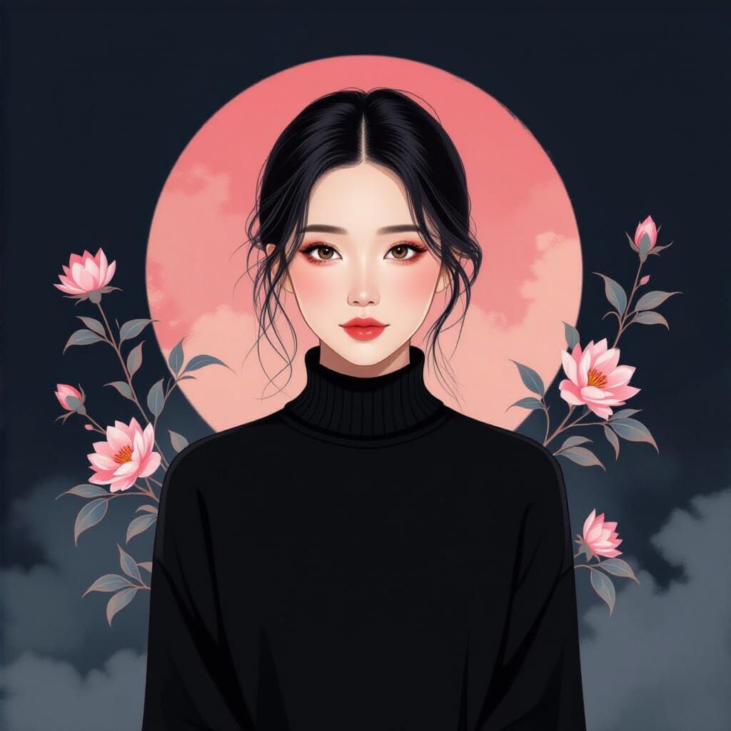 Melancholic Chinese Woman Portrait with Watercolor Accents