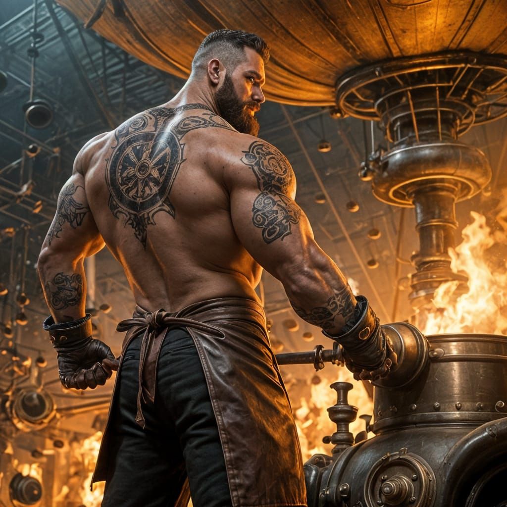 Steampunk Airship Mechanic in Fiery Boiler Room
