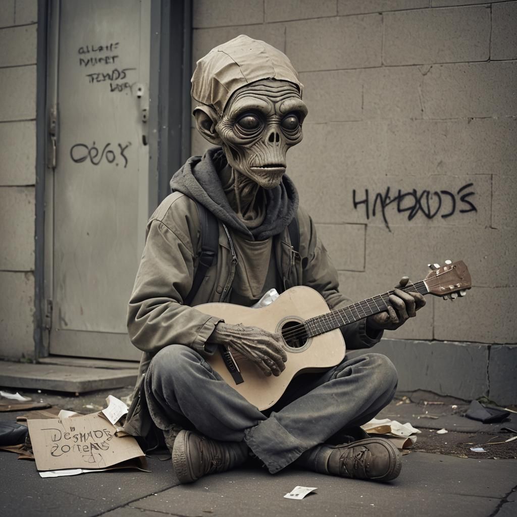 Despondent Alien Busker in a Gritty Street Scene