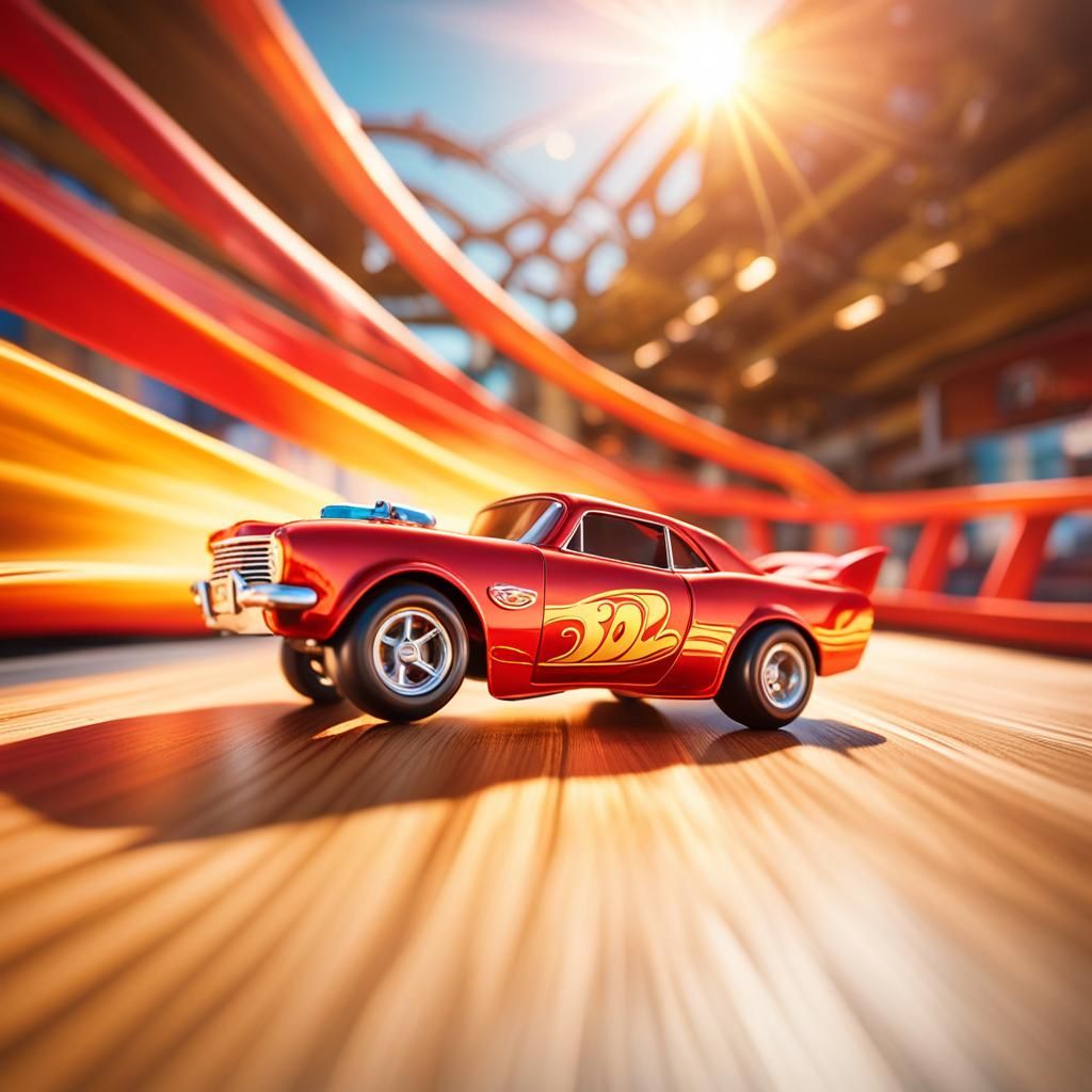 Red Hot Wheels Car Races Down Track