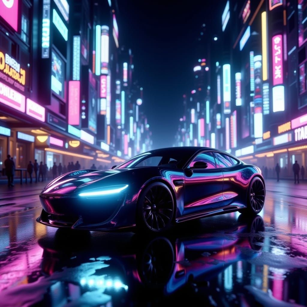 Sleek Electric Car in Neon Tokyo Street
