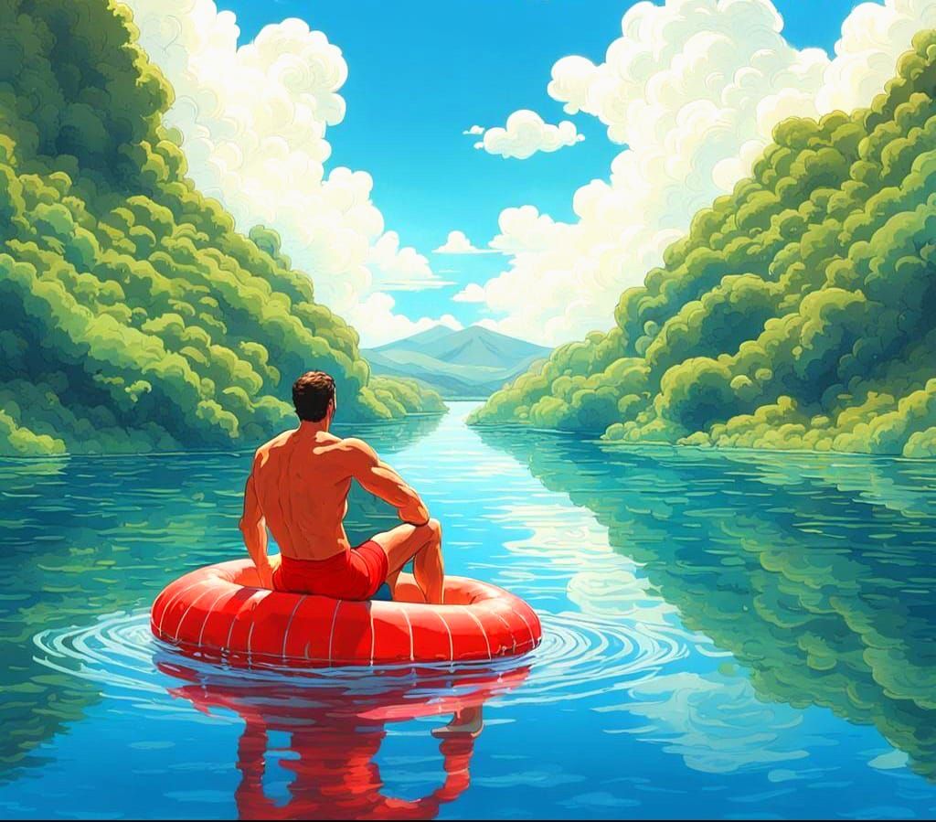 Man in Red Speedo on Mountain Lake