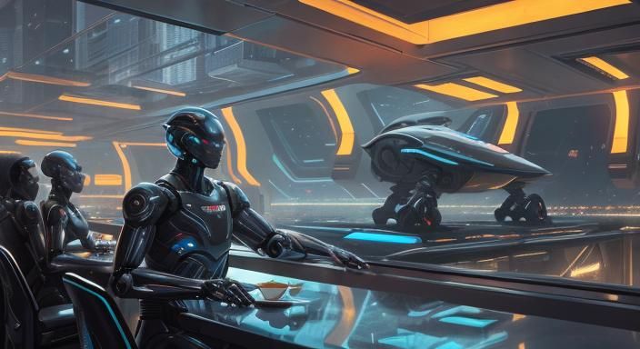 Futuristic Cityscape with Robots and Humans in Cyberpunk Sty...