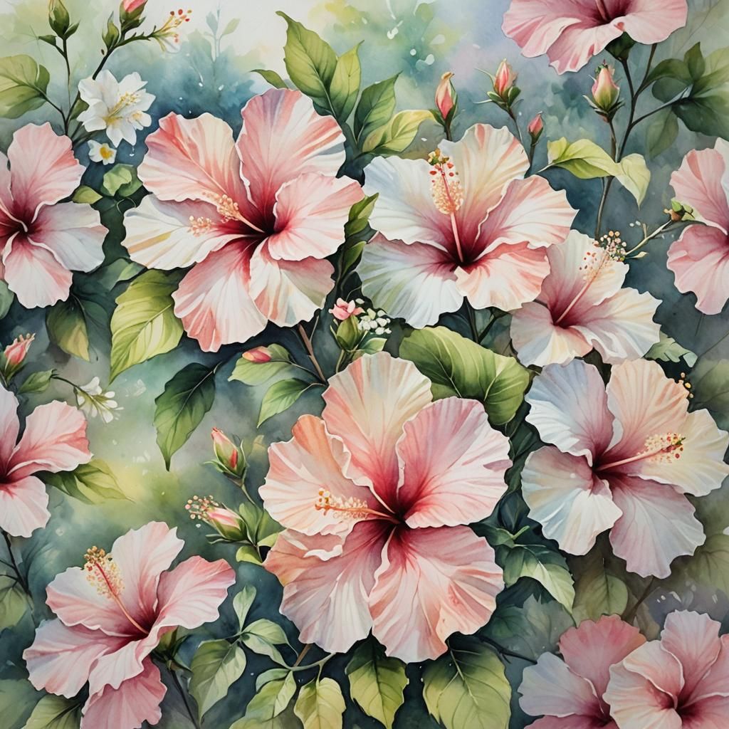 Pink Hibiscus Watercolor in Impressionist Style
