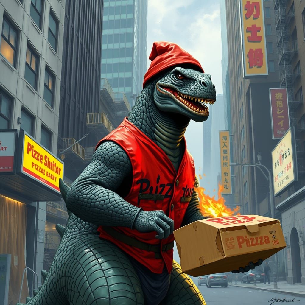 Godzilla Delivers Pizza: Sci-Fi Concept Art