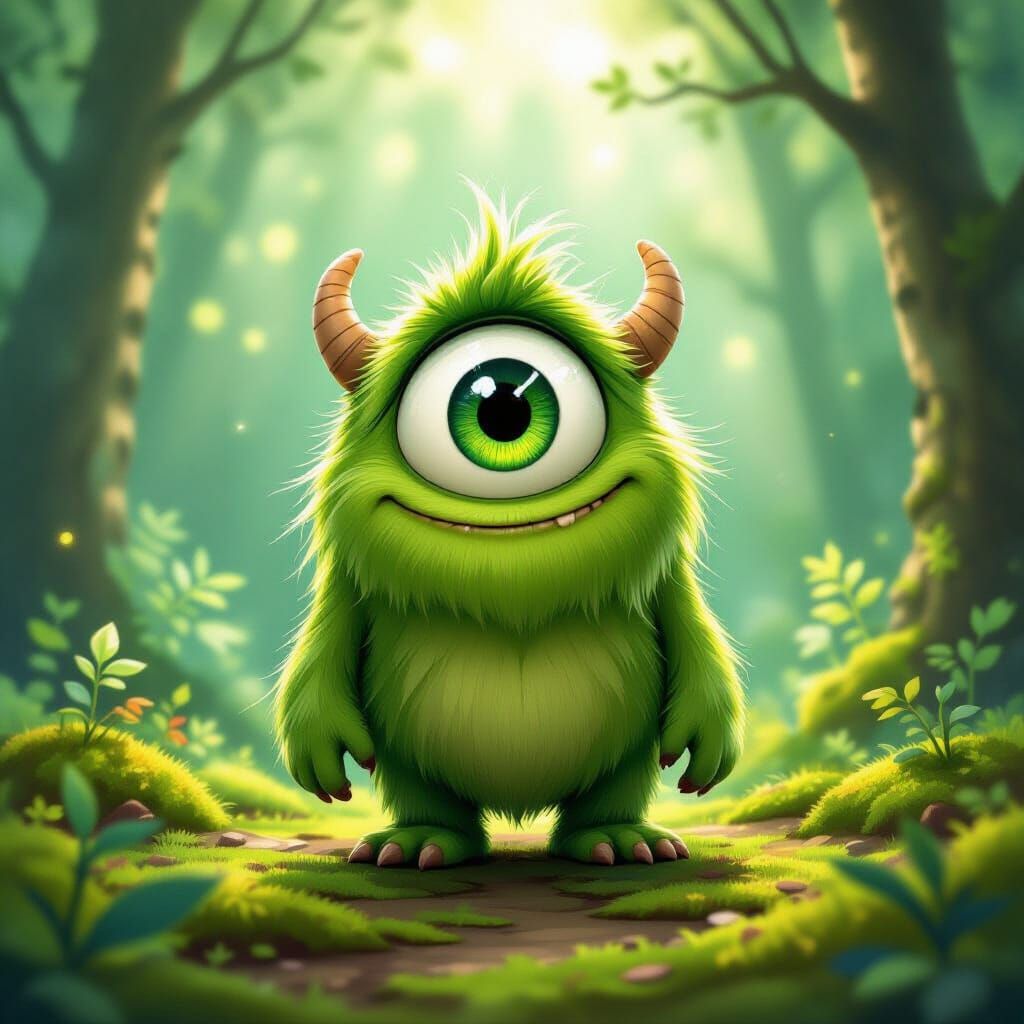 Whimsical Green Monster with One Eye in Forest