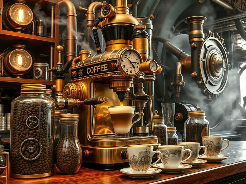 Steampunk Coffee Bar with Intricate Machinery