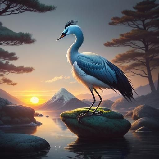 Zen River Crane in Watercolor Style