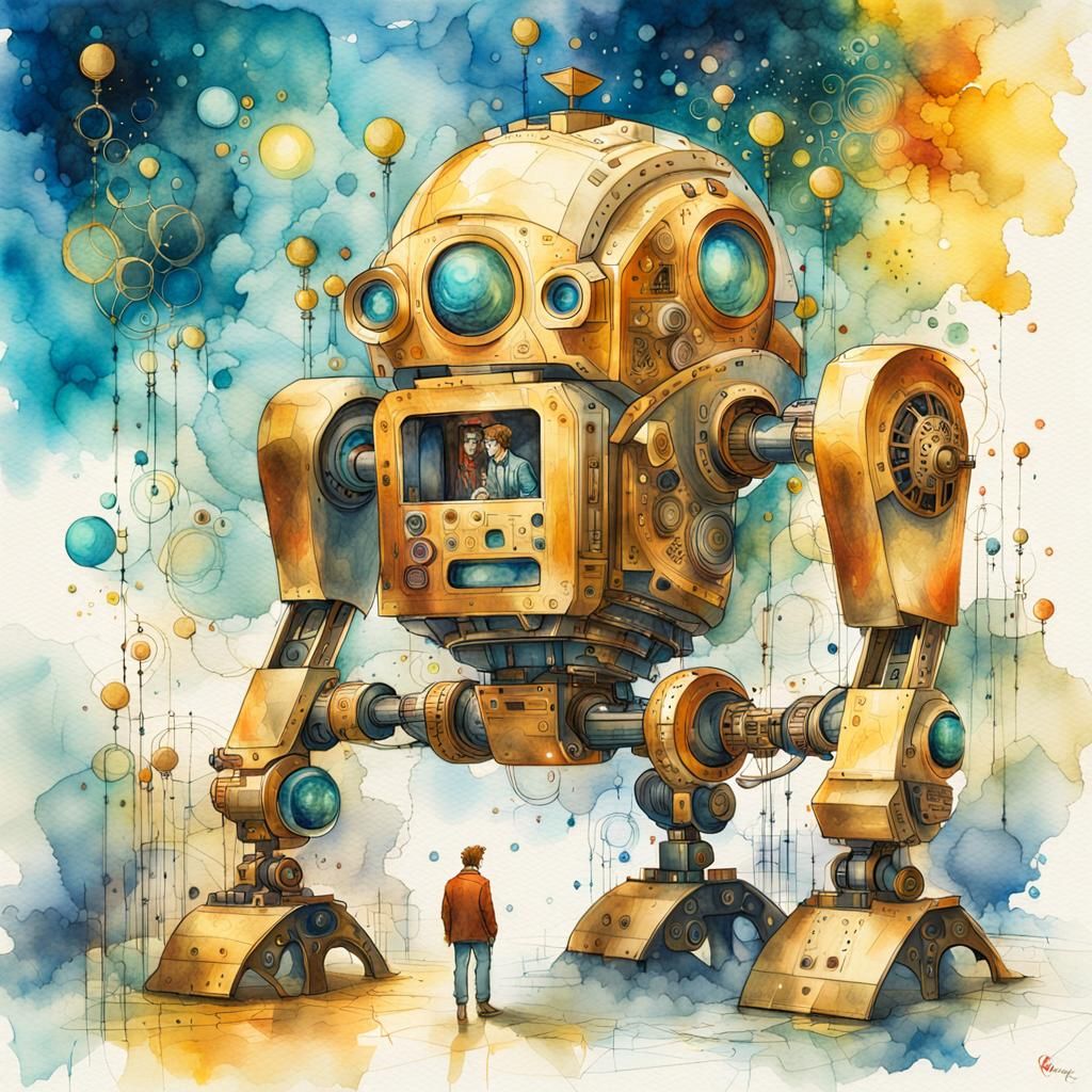 Futuristic Retro Robot Restoration: Surreal Watercolor Art